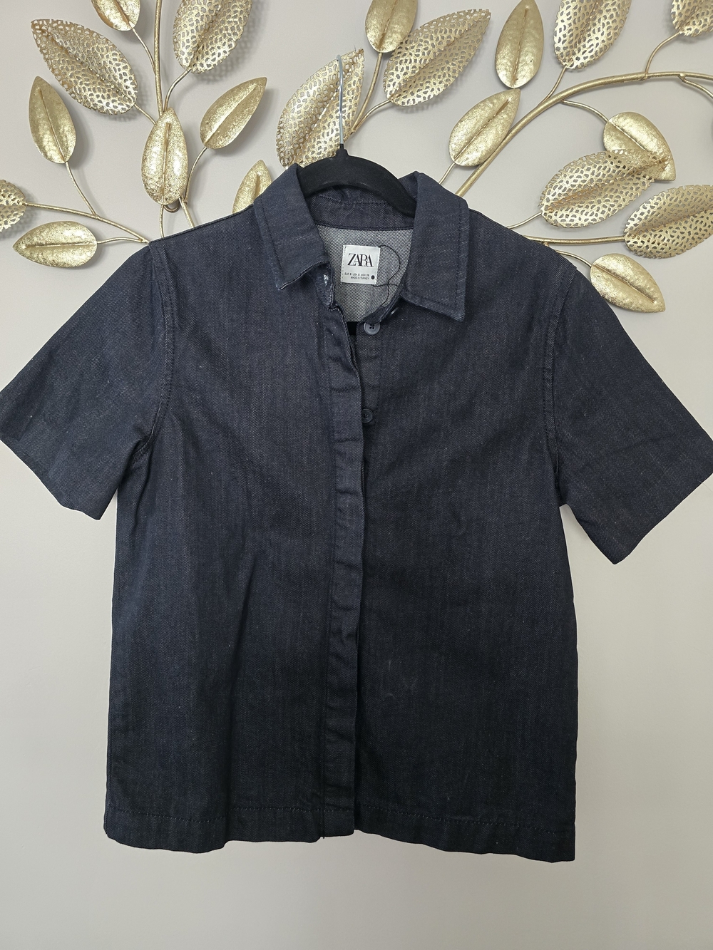 New Zara Dark Indigo Short Sleeve Button-Down Shirt Sz S Denim